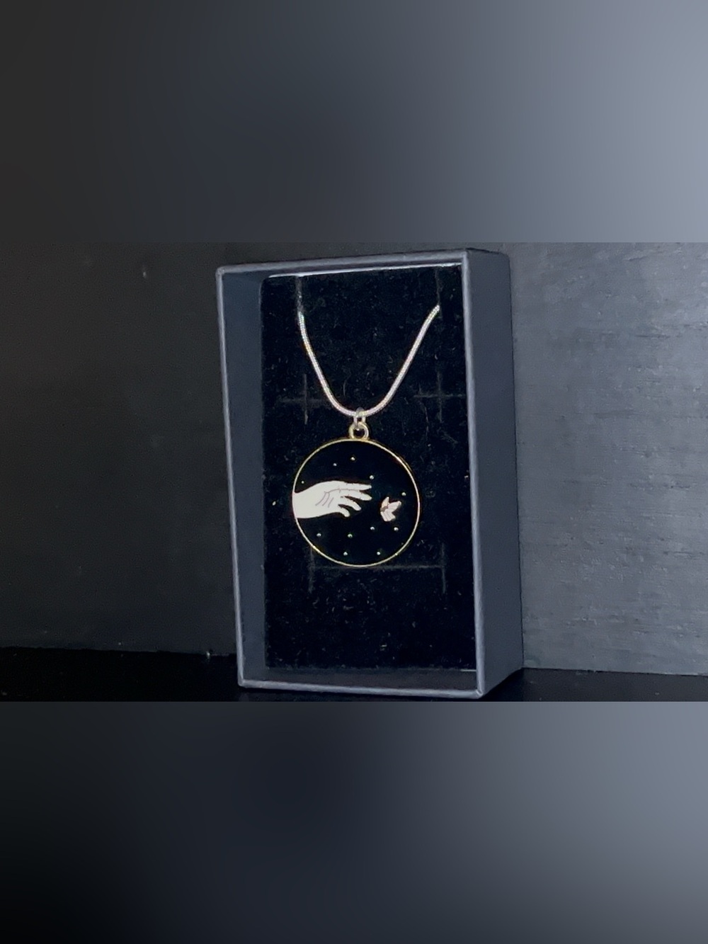 Gold Trim Black Enamel Hand & Butterfly Pendant Necklace